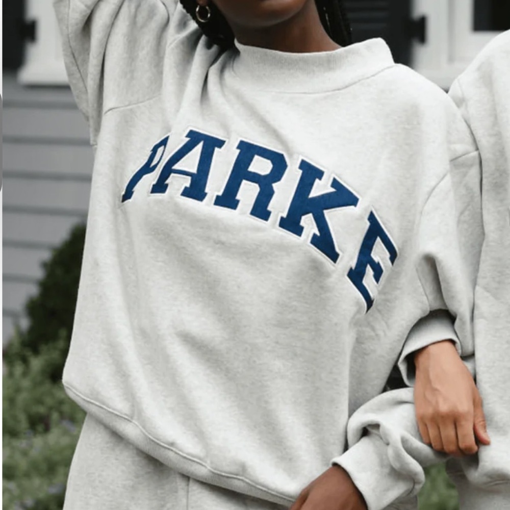 Parke Gray mockneck Sweatshirt with navy Blue Lettering